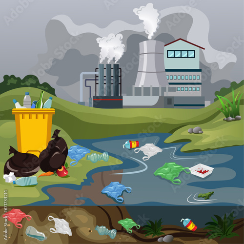 water pollution and air pollution. The plant pollutes the air, plastic in the water and a lot of garbage. vector