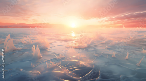 A fascinating scene of a frozen lake, the ice patterns forming a natural artwork, under the soft glow of the winter sun
