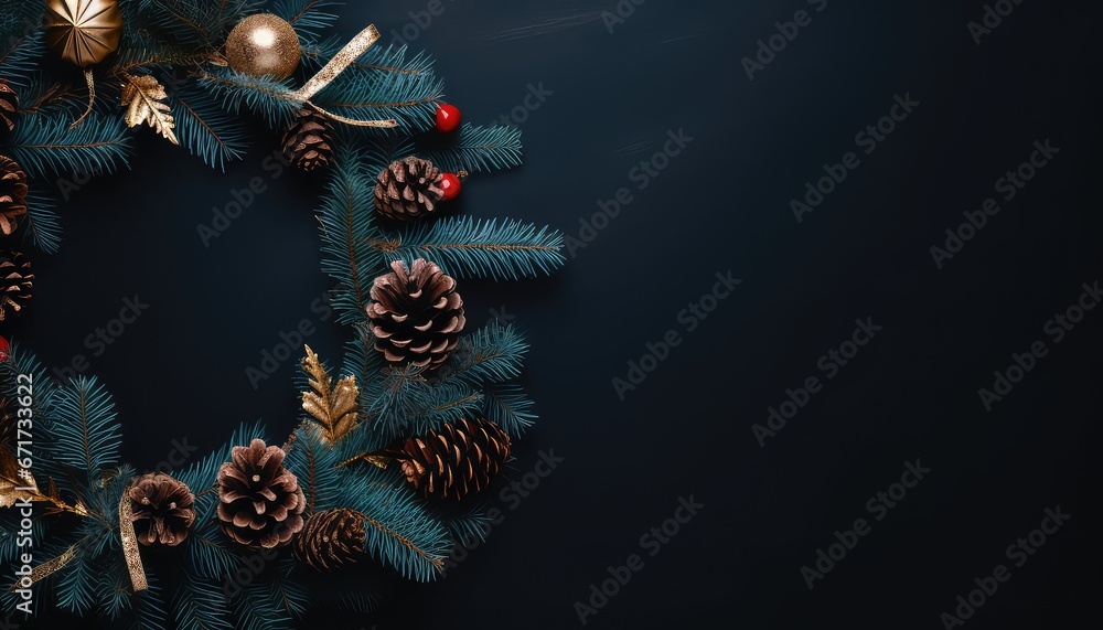
Stylish Christmas wreath  decoration with cones on a dark blue background with copy space
