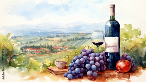 Bunch of blue grapes, red wine bottle and wine glass on landscape with hills and vineyards, Italy. Watercolor or aquarelle painting 