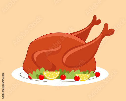 Roast Turkey on a tray with healthy herbs and spices Thanksgiving Day dish