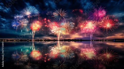 Colorful fireworks of various colors over night sky with reflection on water. Celebration Christmas or New Year