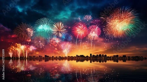 Colorful fireworks of various colors over night sky with reflection on water. Celebration Christmas or New Year © Areesha