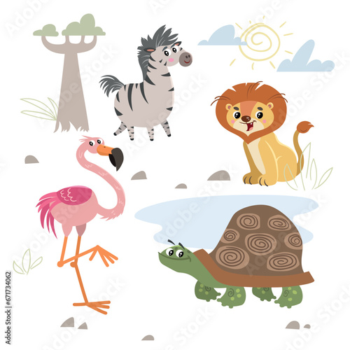 Fototapeta Naklejka Na Ścianę i Meble -  Cartoon set of African wild animals. Zebra, lion, flamingo and turtle characters. Cute zoo or safari park inhabitants. Vector illustrations.