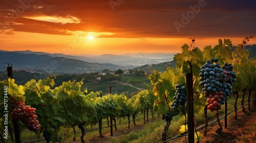 Ripe grapes in vineyard at sunset, Tuscany, Italy. 