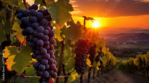 Ripe grapes in vineyard at sunset, Tuscany, Italy. 