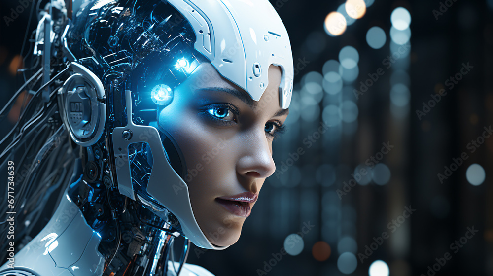This technologically-advanced, silver-hued android, with luminous optics, symbolizes AI's heightened progress. This technologically-advanced, silver-hued android, with luminous optics, symbolizes AI's heightened progress.