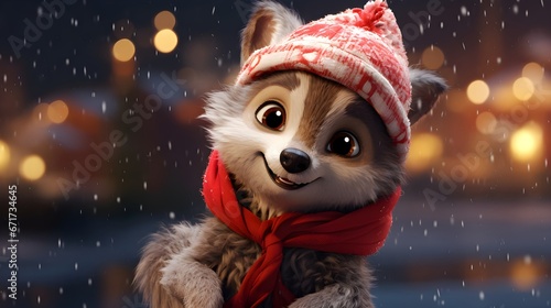 Cute Wolf in Christmas Attire with Snowy Blur Background