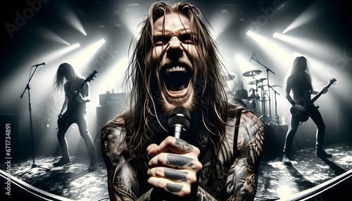 Portrait of metal band tattooed singer with long hair singing on stage, music background, hard core heavy metal