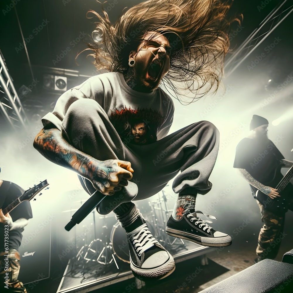Portrait of metal band tattooed singer with long hair singing on stage, music background, hard core heavy metal