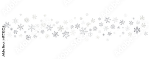 Christmas snowflakes background. Winter silver snow border decoration, greeting card. Noel subtle frame backdrop. Vector illustration