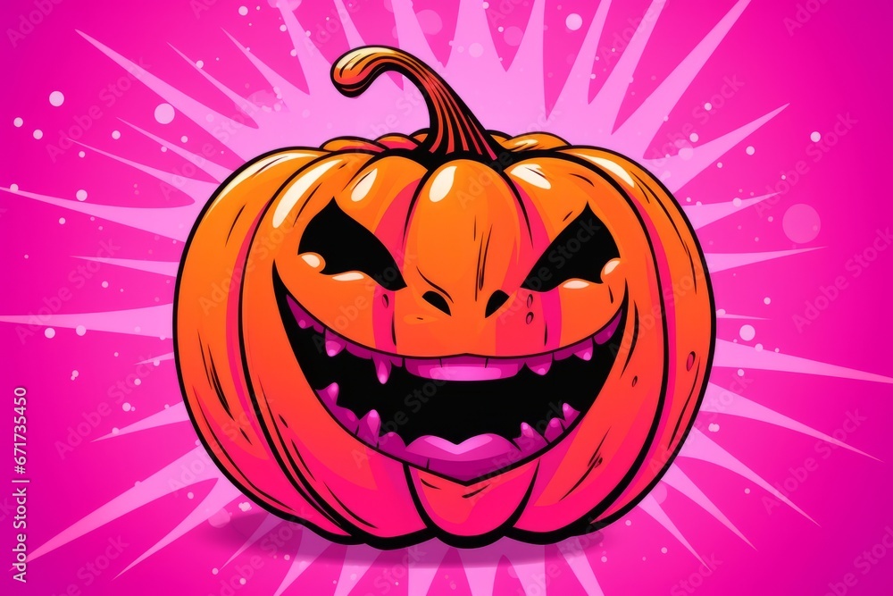 A cheerful angry orange pumpkin with eyes and teeth on a stylish trendy pink background. A fun Halloween concept