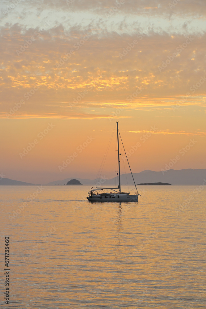 sunset and sailing boat. Turgutreis, Bodrum.