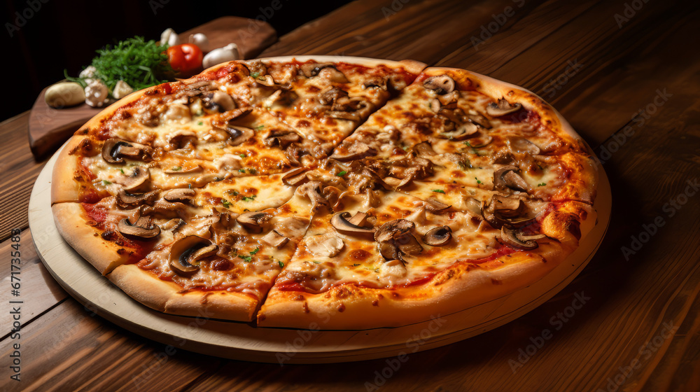 Fresh Italian pizza whit mushrooms on a wooden board 