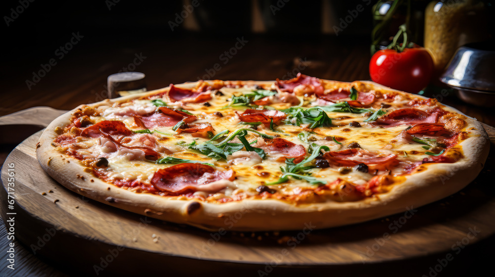 Fresh Italian pizza on a wooden board 