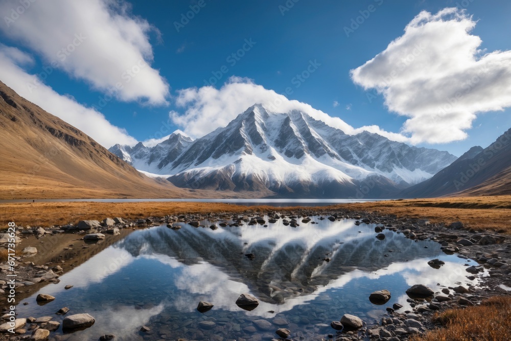 Obraz premium a mountain with a snow capped peak in the background is reflected in a lake. ai generative