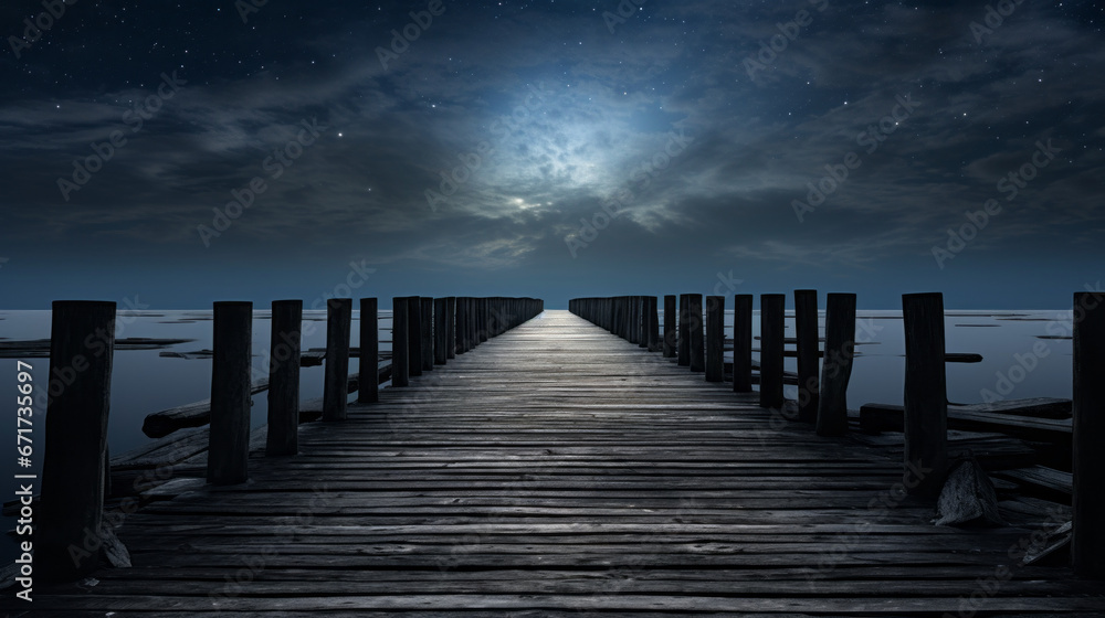 An old wooden pier extends out into the horizon, its aged structure silhouetted against the star-filled night sky