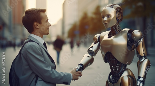 Employee robot walking with peoples. humanoid AI robot crossing street. future automation job. © zayatssv