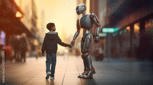 Employee robot walking with peoples. humanoid AI robot crossing street. future automation job.