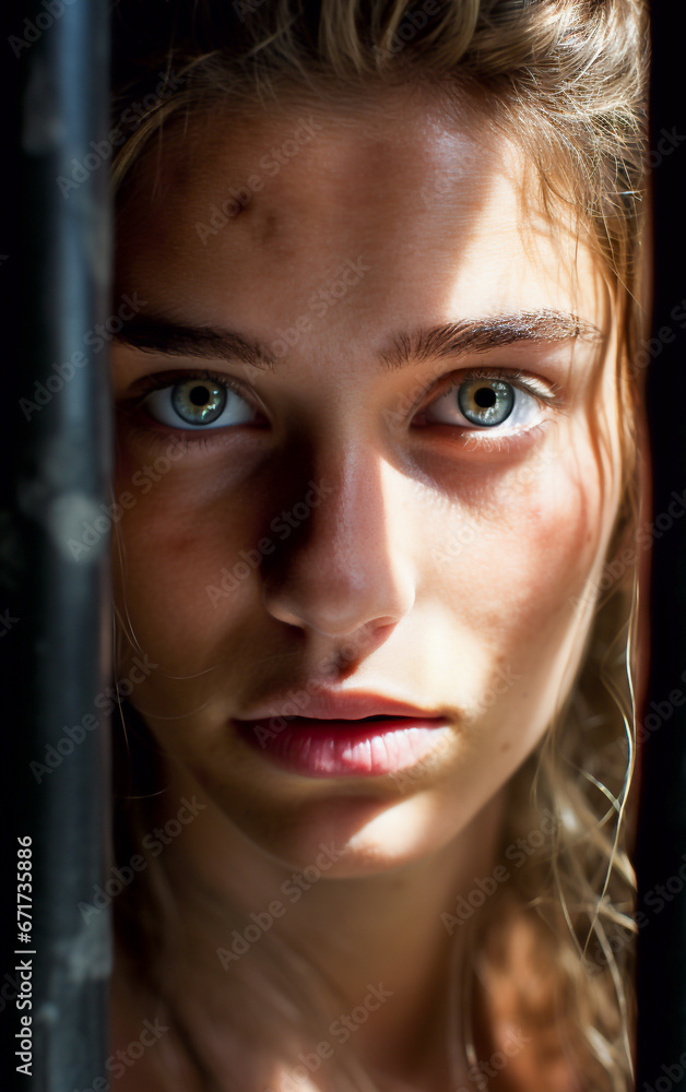 A woman prisoner holding onto the bars of a cell