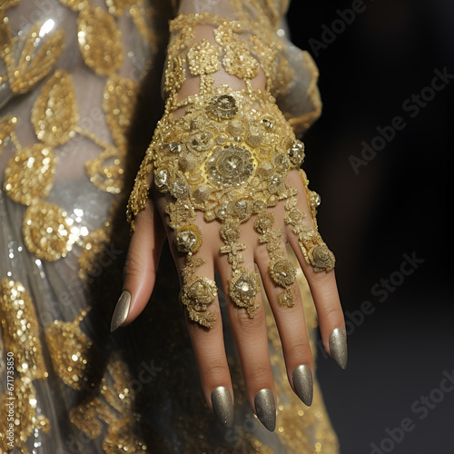 woman hands with golden manicure lot of jewelry on fancy dress close up. Generative AI photo