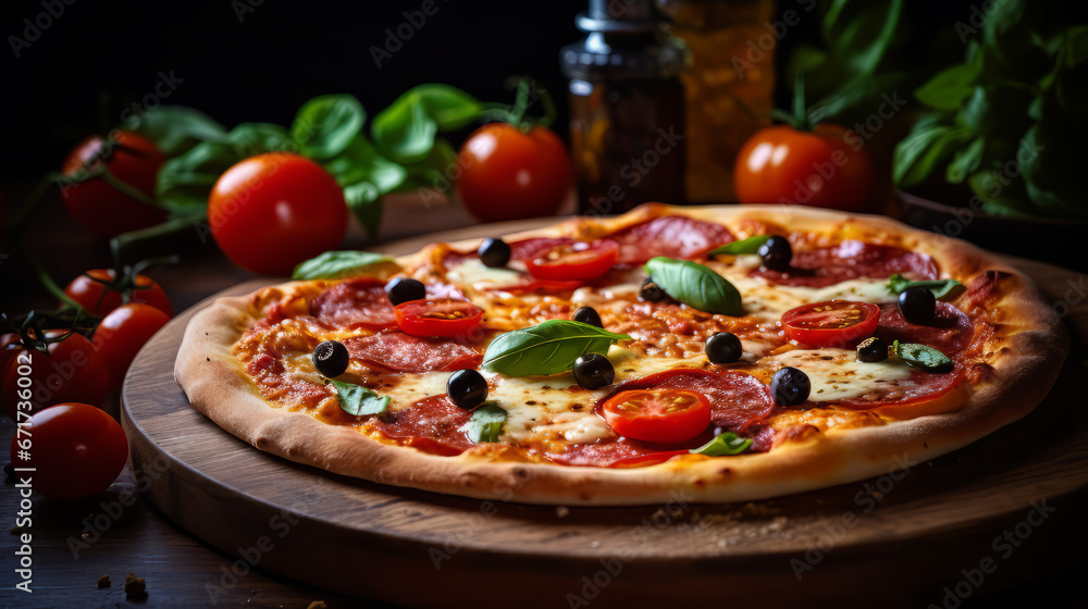 Italian pepperoni pizza with olives and tomatoes  