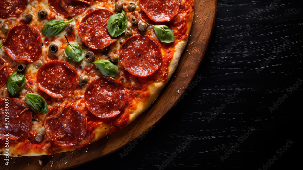 Pepperoni pizza wooden plate on a black background Pepperoni pizza wooden plate on a black background