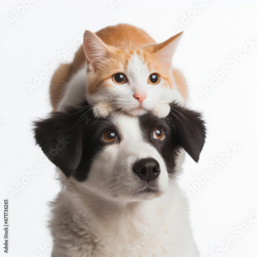 Dog with cat on top of its head on white Background. ai generative