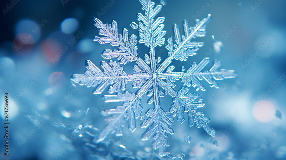 A snowflake seen in a magnified close-up.