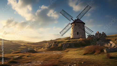 An old windmill stands proudly atop a hill, its large blades slowly turning in the gentle breeze