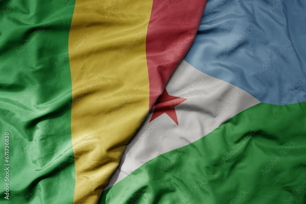 Obraz premium big waving national colorful flag of mali and national flag of djibouti .