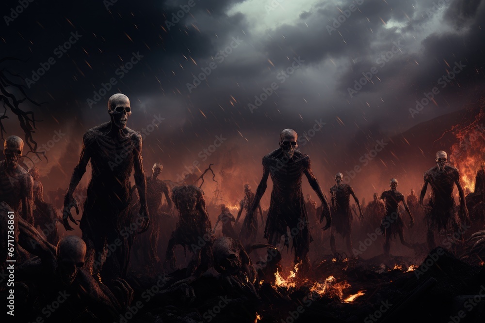 Fototapeta premium Group of Undead Creatures Gathered Around Fiery Blaze