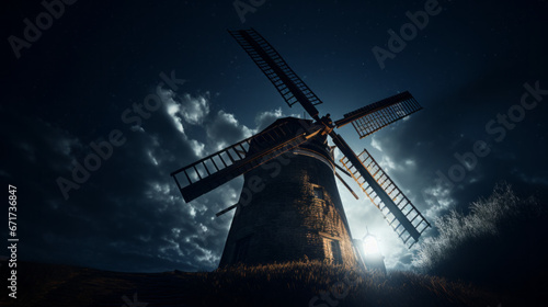 An old windmill stands tall in the night, its blades slowly turning in the breeze