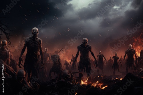 Group of Undead Creatures Gathered Around Fiery Blaze