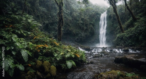 Captivating Rainforest Waterfall: A Hyper-Realistic Natural Wonderland in Cool, Cloudy Rain