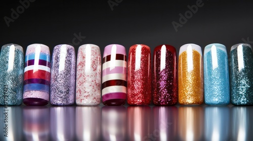 Set of vibrant and colorful sequins forming a sparkling border, complemented by glitter stripes, all against a pristine white background for a dazzling effect.