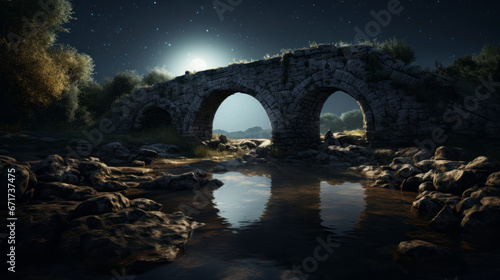 An old stone bridge spans a tranquil river, its ancient arches silhouetted against the night sky 
