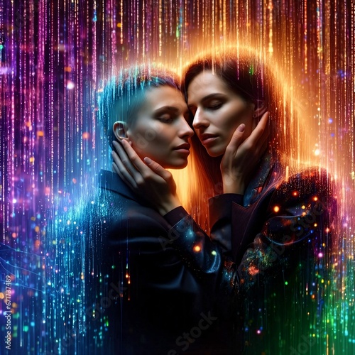 A lesbian couple embracing in virtual reality, holographic cyberspace, hyperspace or metaverse. Virtual World Tech. Cyberpunk. Partnership. Homosexual love relationship. Queer. Bisexual. Generative AI