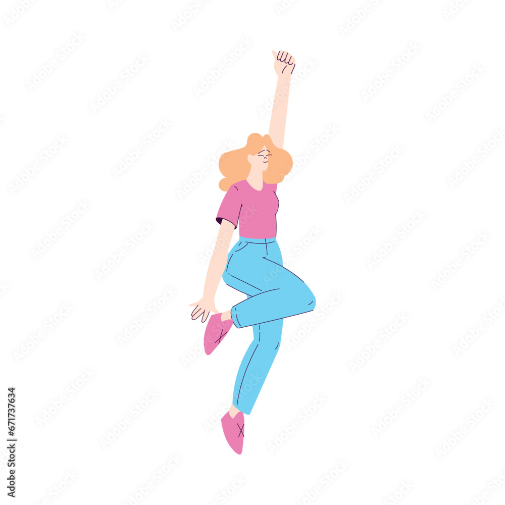 Happy Woman Character Rejoicing and Cheering with Raised Up Hands Vector Illustration