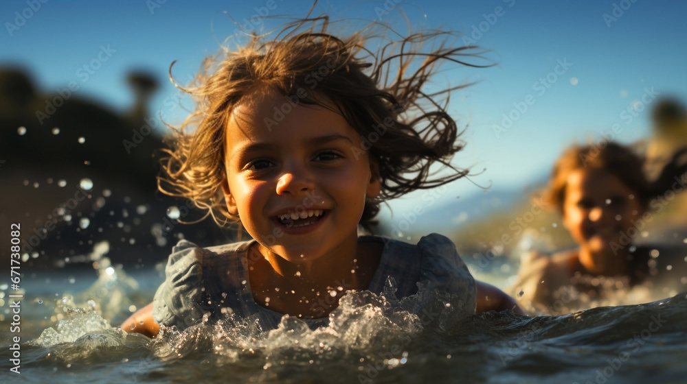 Illustration of two little children playing in the sea. Water splashes, summer. Background, wallpaper.
