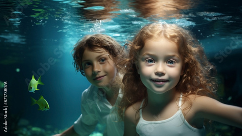 Illustration of two little children playing underwater in the sea. Summer, fishes. Background, wallpaper.