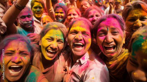 Happy faces in colored powder at Holi Festival, India.