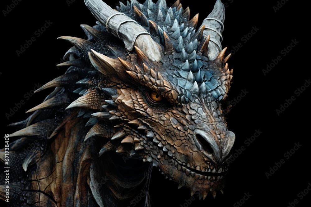 Close-up of calm dragon muzzle isolated on black Close-up of calm dragon muzzle isolated on black