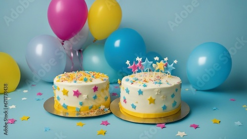 birthday cake with balloons, A birthday cake with white frosting, and colorful stars on a blue plate. 