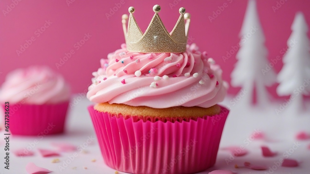 pink cupcake with pink frosting A festive photo of a pink cupcake with a princess gold crown on top. The cupcake is in a pink paper pink cupcake with pink frosting A festive photo of a pink cupcake with a princess gold crown on top. The cupcake is in a pink paper
