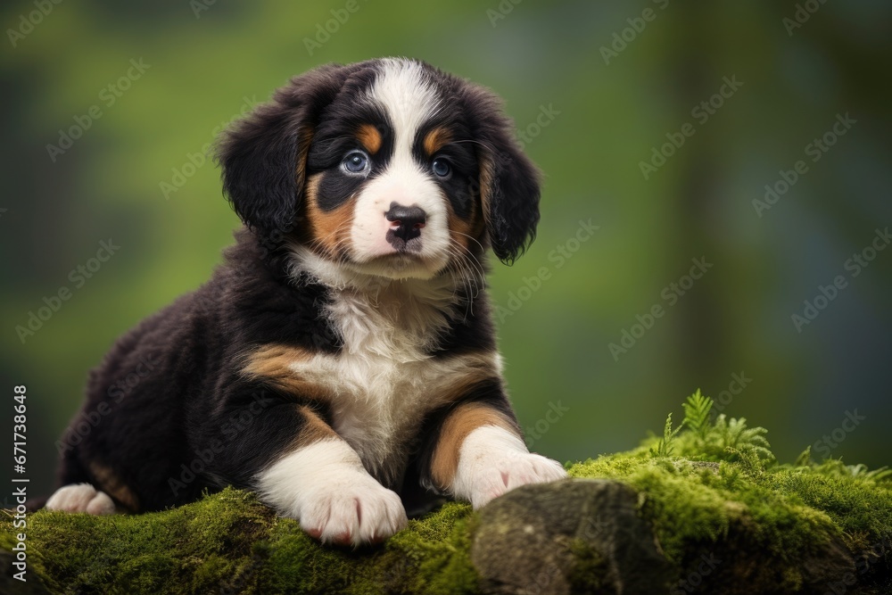 A Playful Puppy Perched on a Lush, Green Log in Nature
