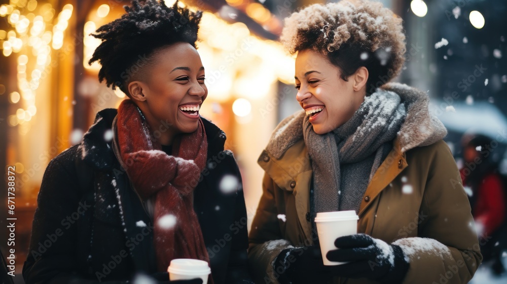 A young cheerful black and white couple having a walk with hot drinks, dressed warm, looking at each other and laughing, snowflakes all around. Enjoying Snowy Evening, Generative ai A young cheerful black and white couple having a walk with hot drinks, dressed warm, looking at each other and laughing, snowflakes all around. Enjoying Snowy Evening, Generative ai