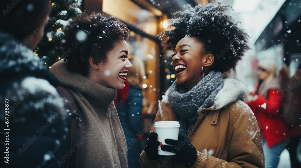 A young cheerful black and white couple having a walk with hot drinks, dressed warm, looking at each other and laughing, snowflakes all around. Enjoying Snowy Evening, Generative ai A young cheerful black and white couple having a walk with hot drinks, dressed warm, looking at each other and laughing, snowflakes all around. Enjoying Snowy Evening, Generative ai