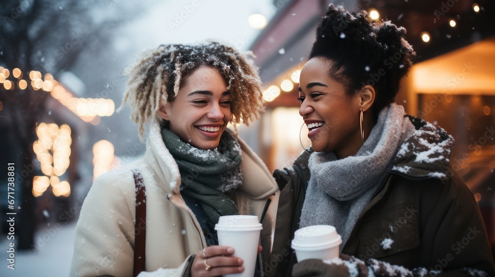 A young cheerful black and white couple having a walk with hot drinks, dressed warm, looking at each other and laughing, snowflakes all around. Enjoying Snowy Evening, Generative ai - obrazy, fototapety, plakaty 