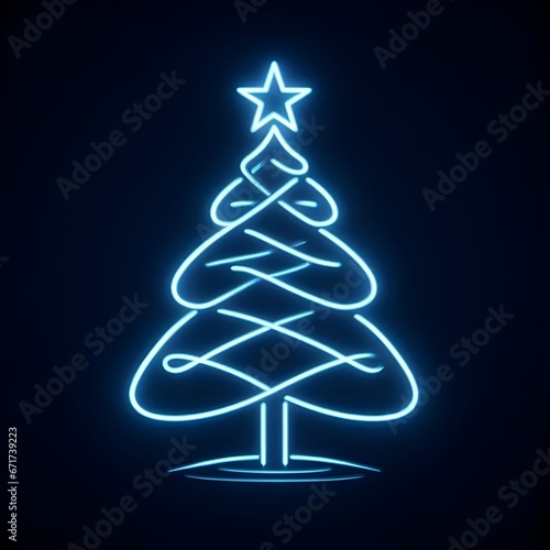 Christmas tree blue neon lines with a star on black background